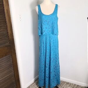 London Times Elegant Turquoise Lace Maxi-Dress, Size 12